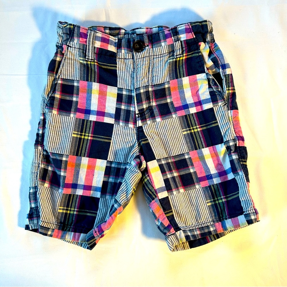 Boys Gymboree shorts, size 5, adjustable waist, patchwork blue, pink